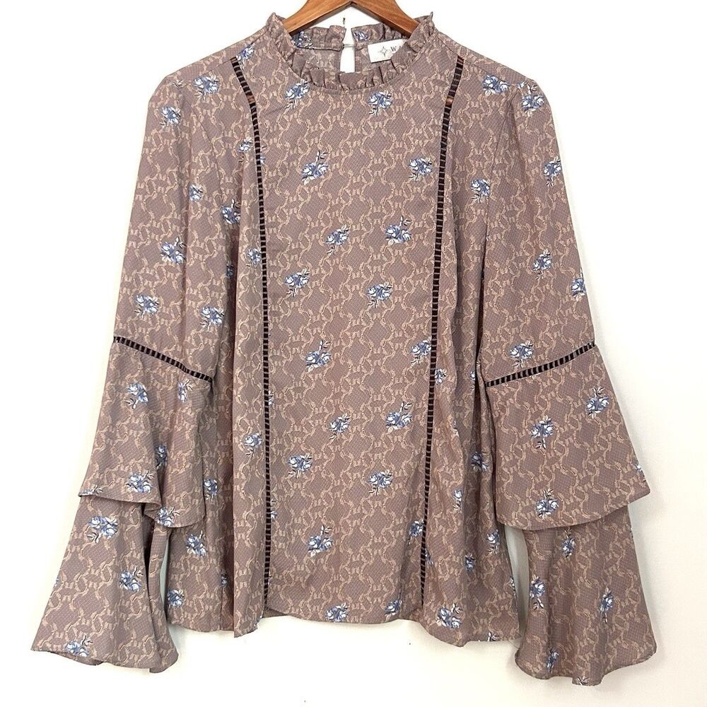 WAYF Mock Neck Bell Sleeve Blouse Floral Lace Print Boho Romantic M
